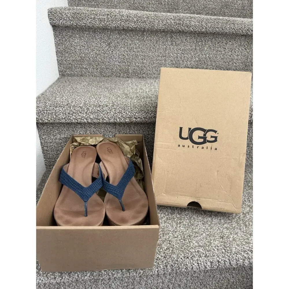 UGG Women's W Natassia Mar Wedge Sandal Cork Trim Navy Straps Size 8 Preowned